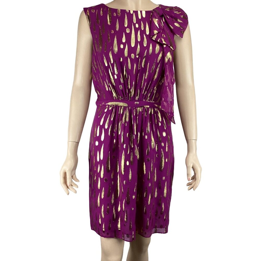 Milly  New York Dress Size 8 Purple &‎ Gold Metallic Silk Blend W/ Bow Accent